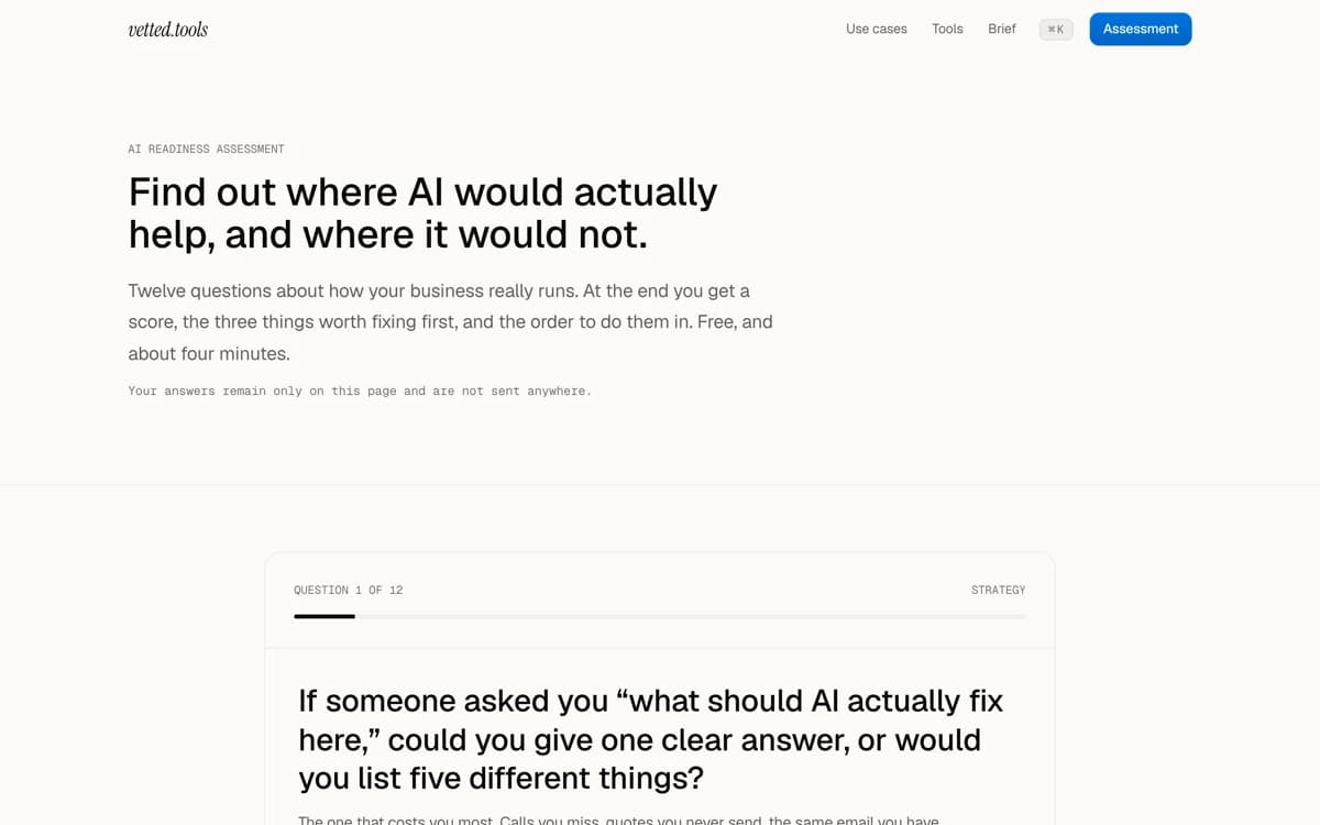 The AI readiness assessment as it stands today, reworked once since the version that shipped in this release.