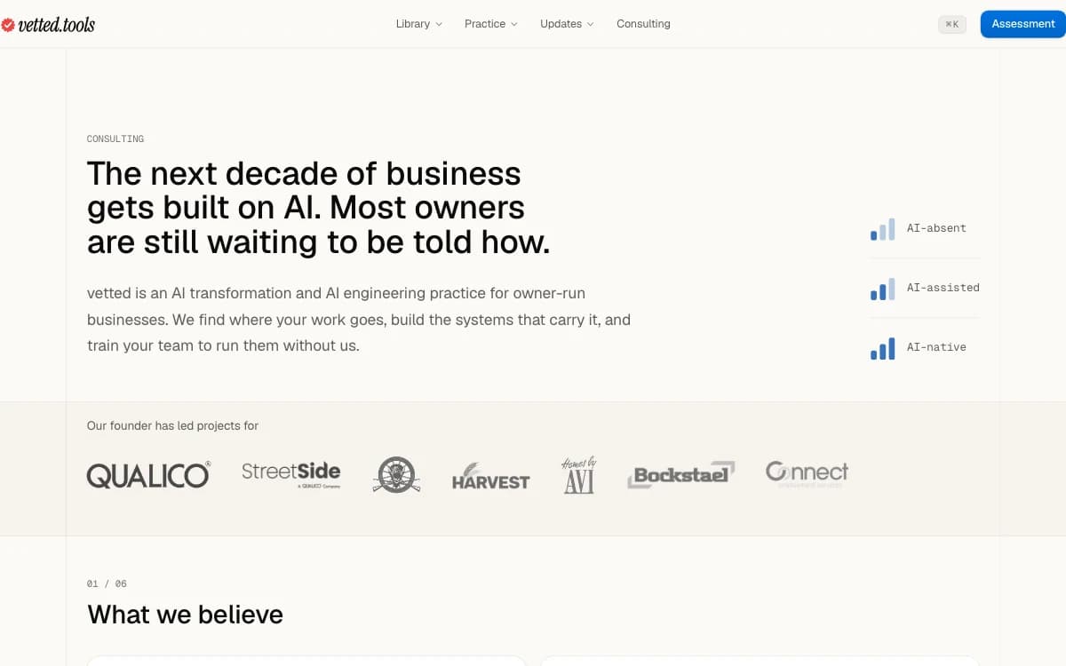 The top of the consulting page as it stands today, with Consulting as a link of its own in the header beside the Library, Practice and Updates menus.