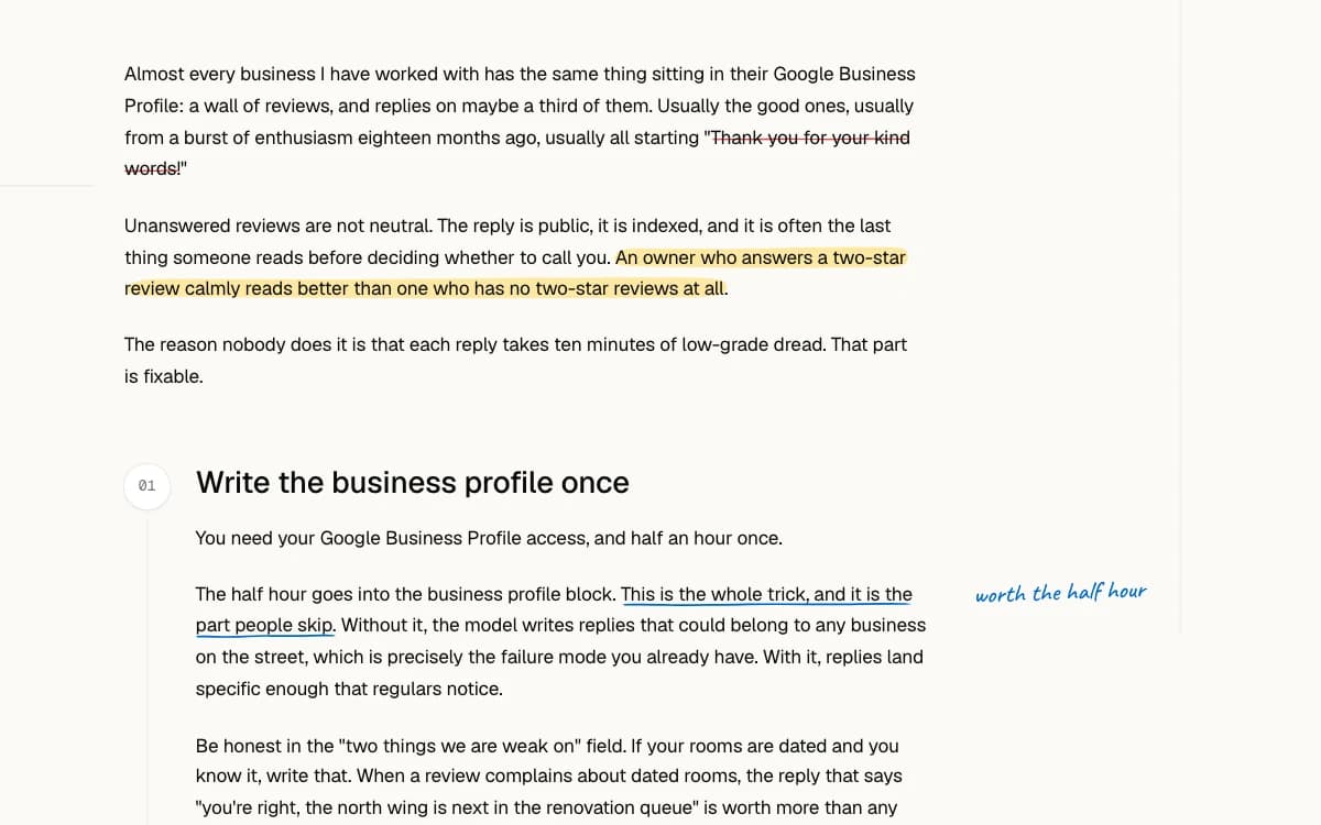 A use case with its pen marks: a struck-out stock phrase, a highlighted sentence, and an underlined line with a note in the margin.