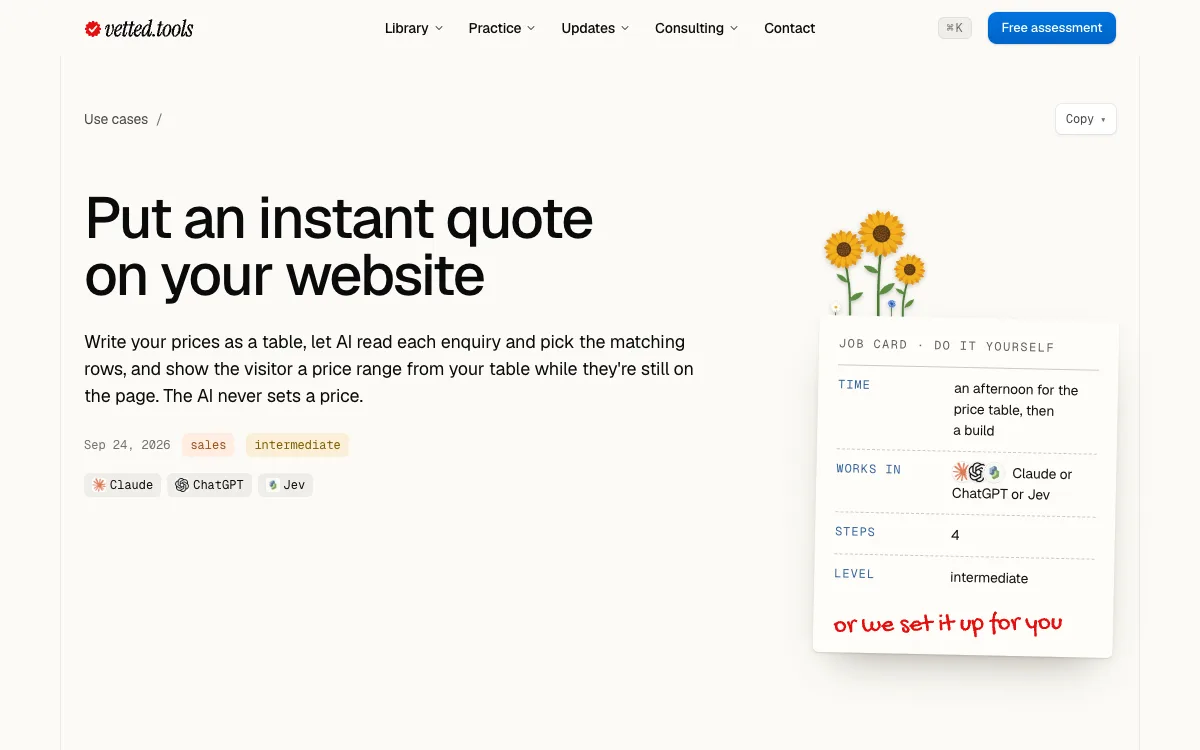 The top of the new use case Put an instant quote on your website: the title, the description, the sales and intermediate tags, and the job card.