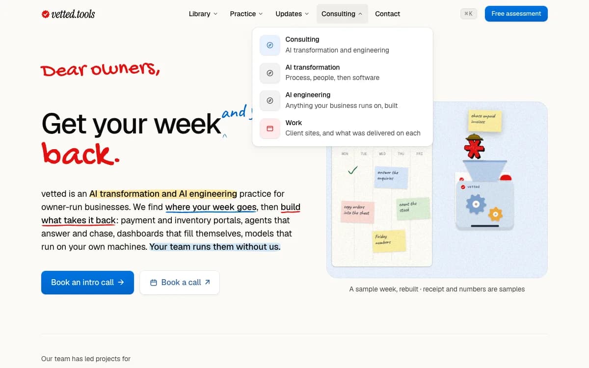The consulting page with the header's Consulting menu open: Consulting, AI transformation, AI engineering and Work.