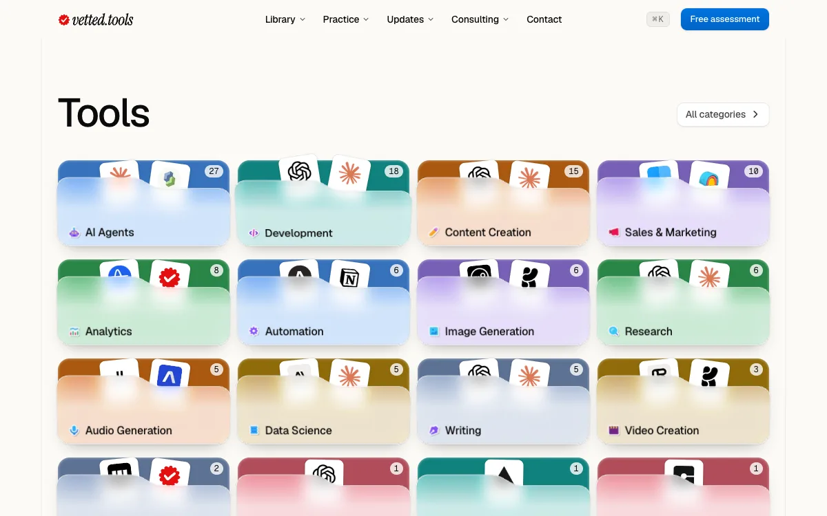 The tools page: sixteen category folders in their colours, each with two tool logos peeking out and a count, the Development folder opened.