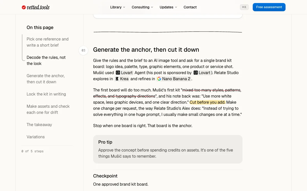 A step of the brand kit use case: Lovart, Krea and Nano Banana 2 each named with their logo inside the paragraph, as links to their tool pages.