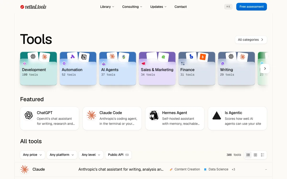 The tools page at 1200 wide: category folders across the top, four featured tools, and the list header reading 308 tools.