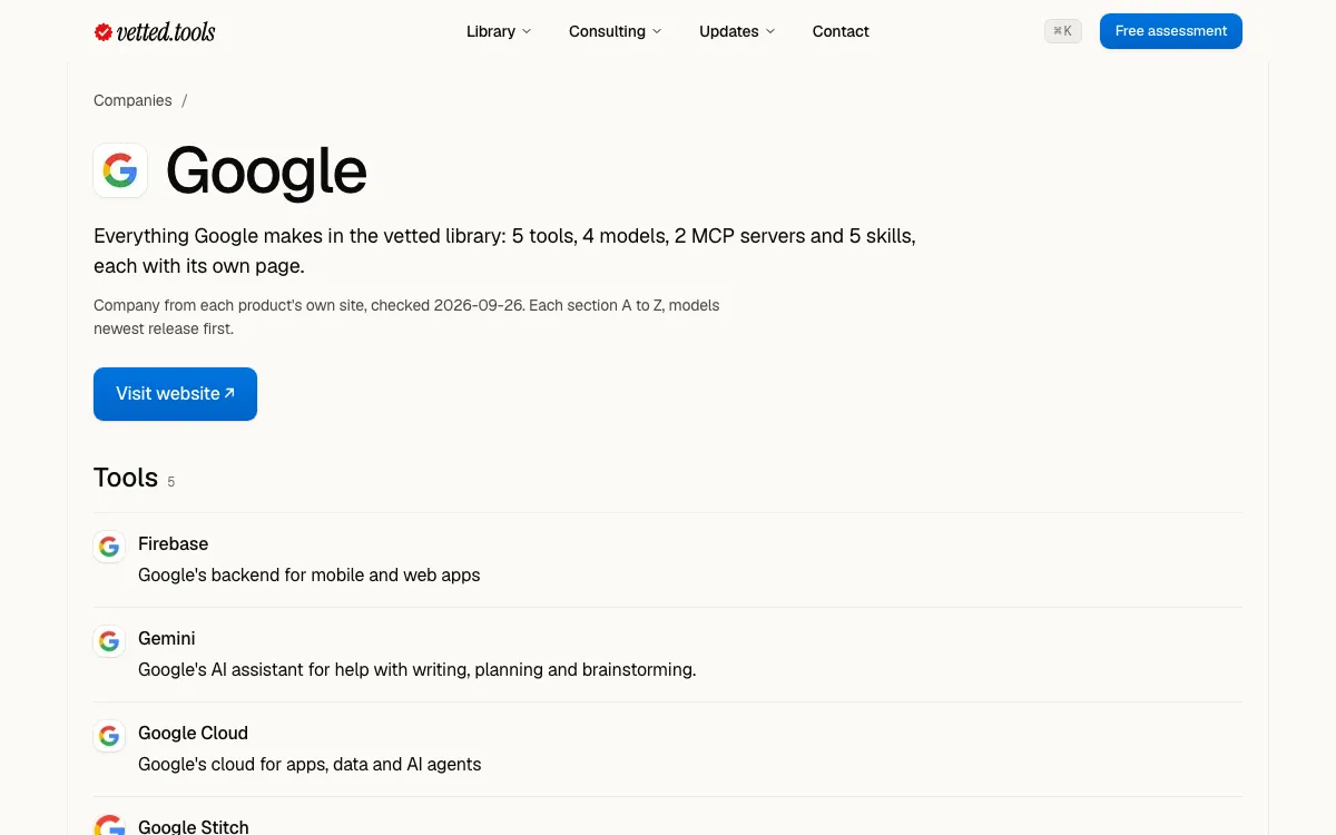 Google's company page at 1200 wide: its logo and name, a line saying it makes 5 tools, 4 models, 2 MCP servers and 5 skills, a dated source line, and the list of its tools.