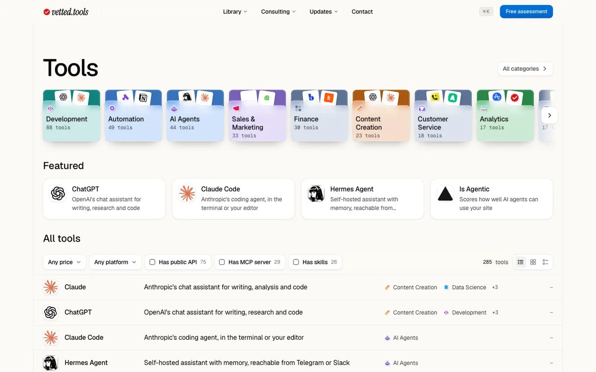 The Tools page with its filter row: Any price, Any platform, Has public API, Has MCP server and Has skills, over rows for Claude, ChatGPT, Claude Code and Hermes Agent.