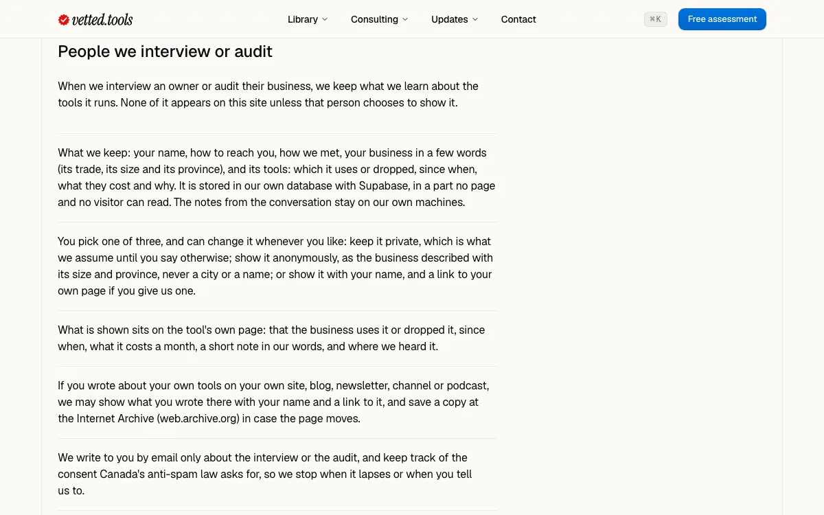 The privacy page's new section, People we interview or audit: what we keep, the choice between private, anonymous and named, and what a tool page would show.