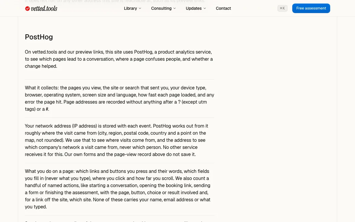 The privacy page's PostHog section: what it collects, that page addresses lose anything after a ? or #, the network address, and the actions it counts.