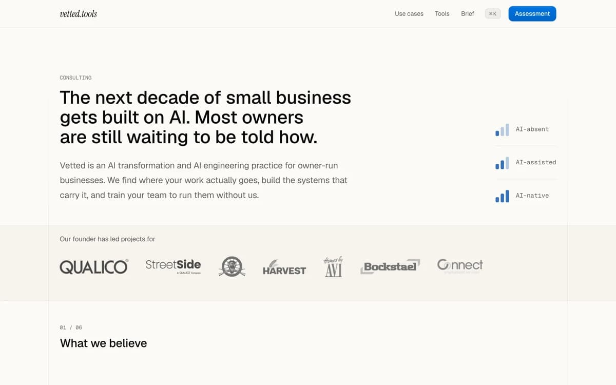 The consulting page in its current state: the rung-ramp hero, the founder reference row and the first numbered section.