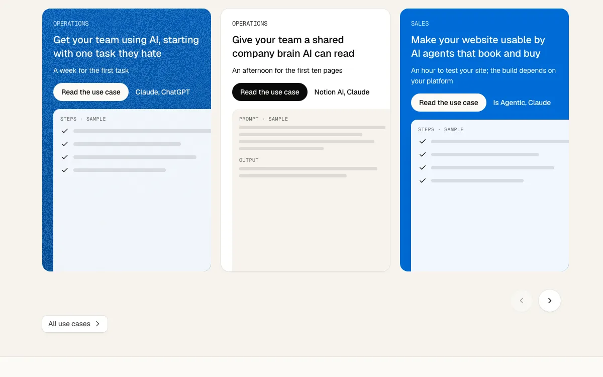 Home's use cases as a shelf of cards, blue, white and blue, each with its category, title, time to a first result, a Read the use case button and its tools, over two arrow buttons and All use cases.