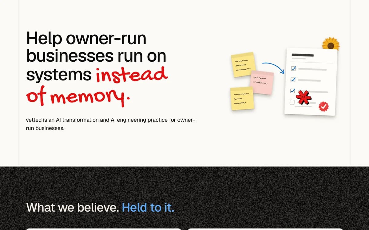 The top of the about page on a desktop: the heading Help owner-run businesses run on systems instead of memory, and beside it sticky notes, an arrow to a ticked card, and Vetty standing by the red mark on the card's foot.