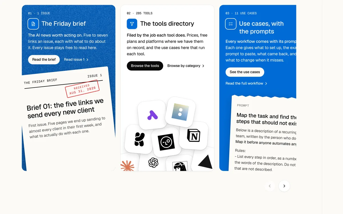 How it works' Read row: the Friday brief, the tools directory and the use cases cards, the third peeking at the page's edge, over two arrow buttons.