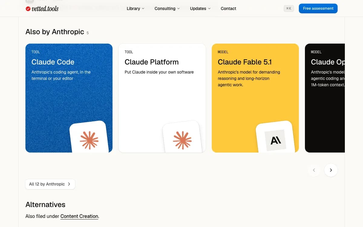 The Claude tool page's Also by Anthropic block: a row of cards for Claude Code, Claude Platform and Claude Fable 5.1, each with its name, a line and its logo on a tile in the corner, and a fourth card peeking in from the right.