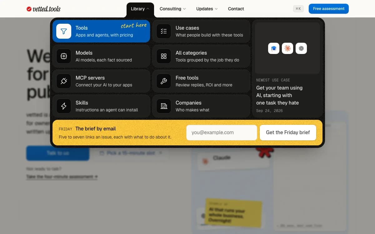 The Library menu open: Tools, Use cases, Models, All categories, MCP servers, Free tools, Skills and Companies, each with a line icon on its tile.