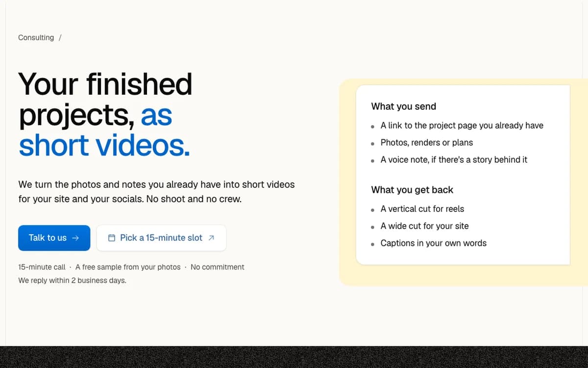 The Project videos page: the headline Your finished projects, as short videos, the Talk to us and calendar buttons, and a card on a sunflower ground listing what you send and what you get back.