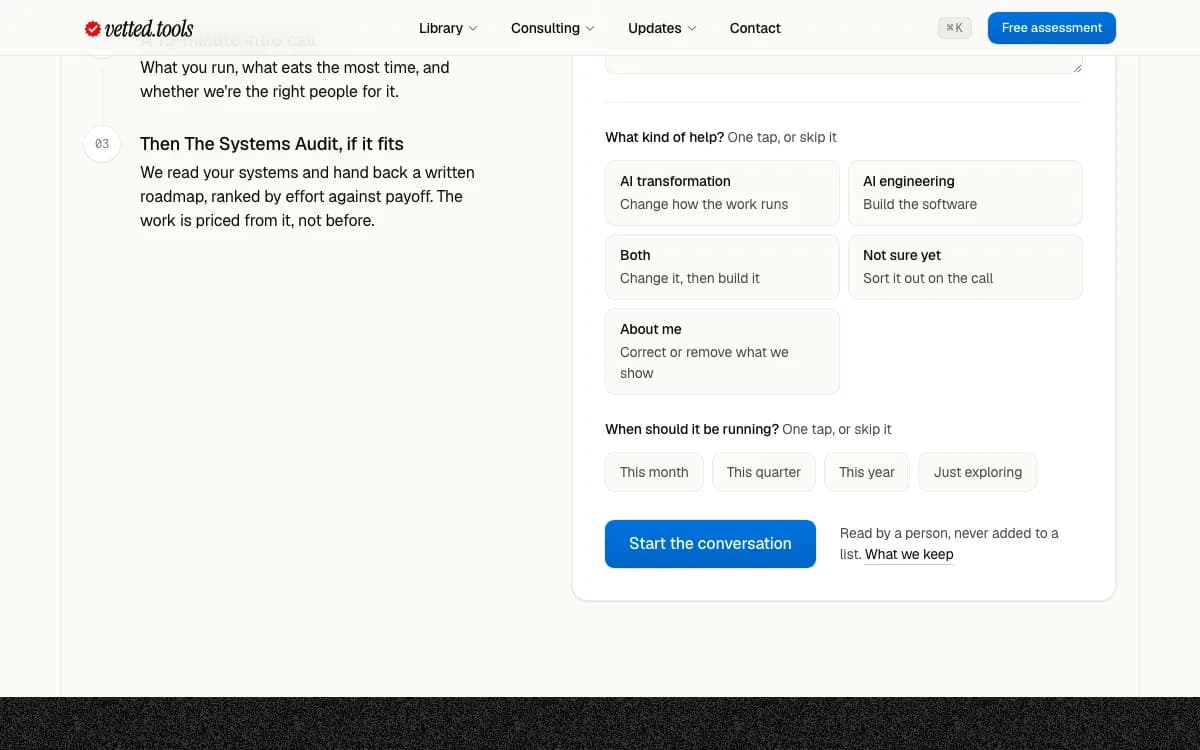 The contact form's last row: the Start the conversation button, with the note that a person reads every message.