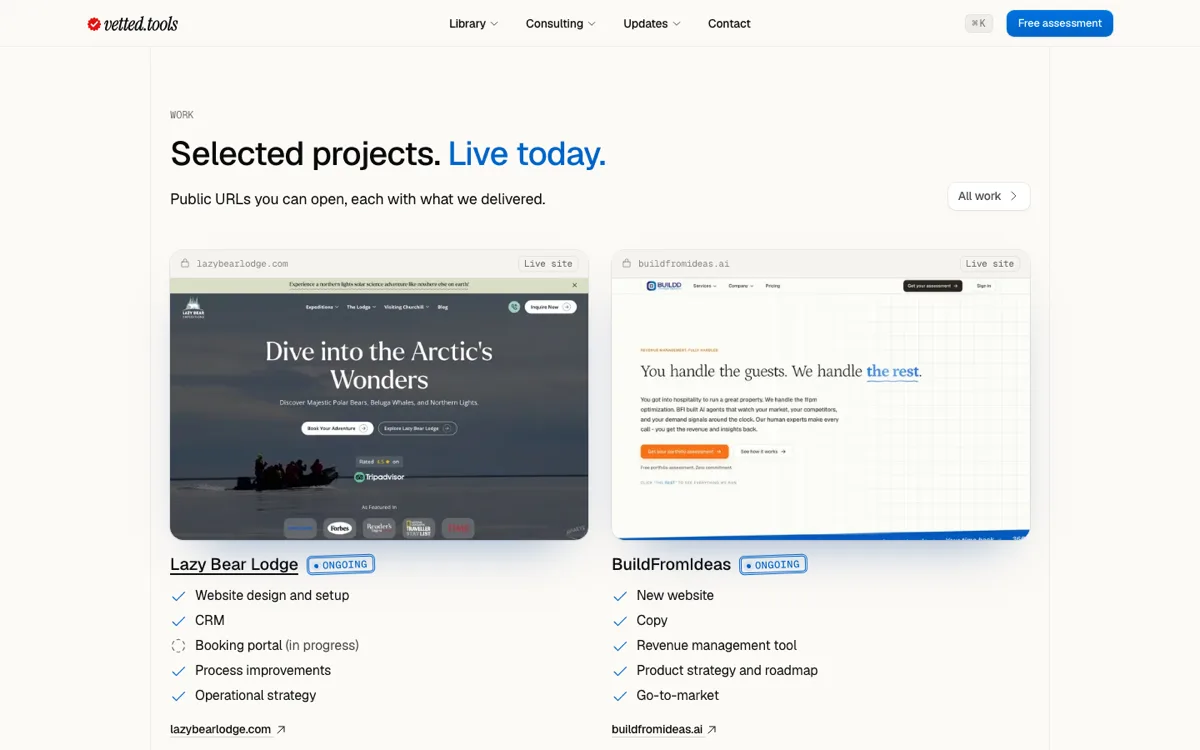 The consulting page's selected projects: the pointer rests on Lazy Bear Lodge's screenshot, and the name under it is underlined as a link.