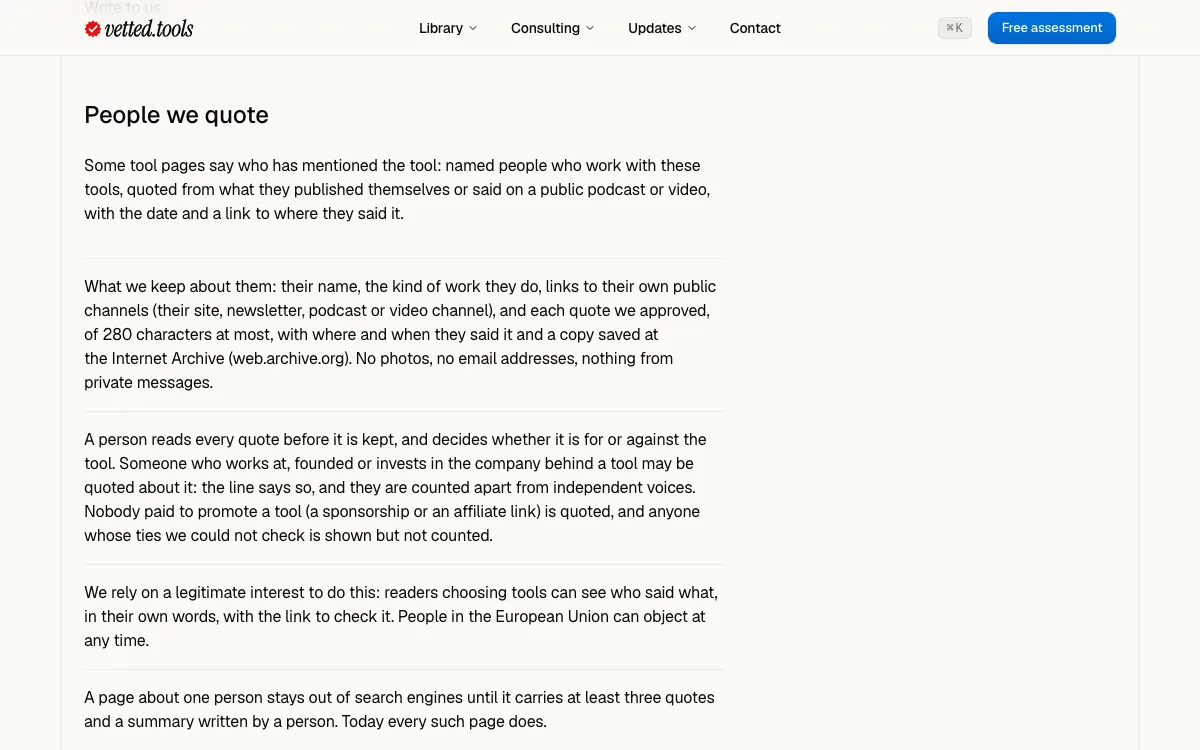The privacy page's new section, People we quote: what we keep about them, and that anyone tied to a tool is shown with the tie and counted apart.