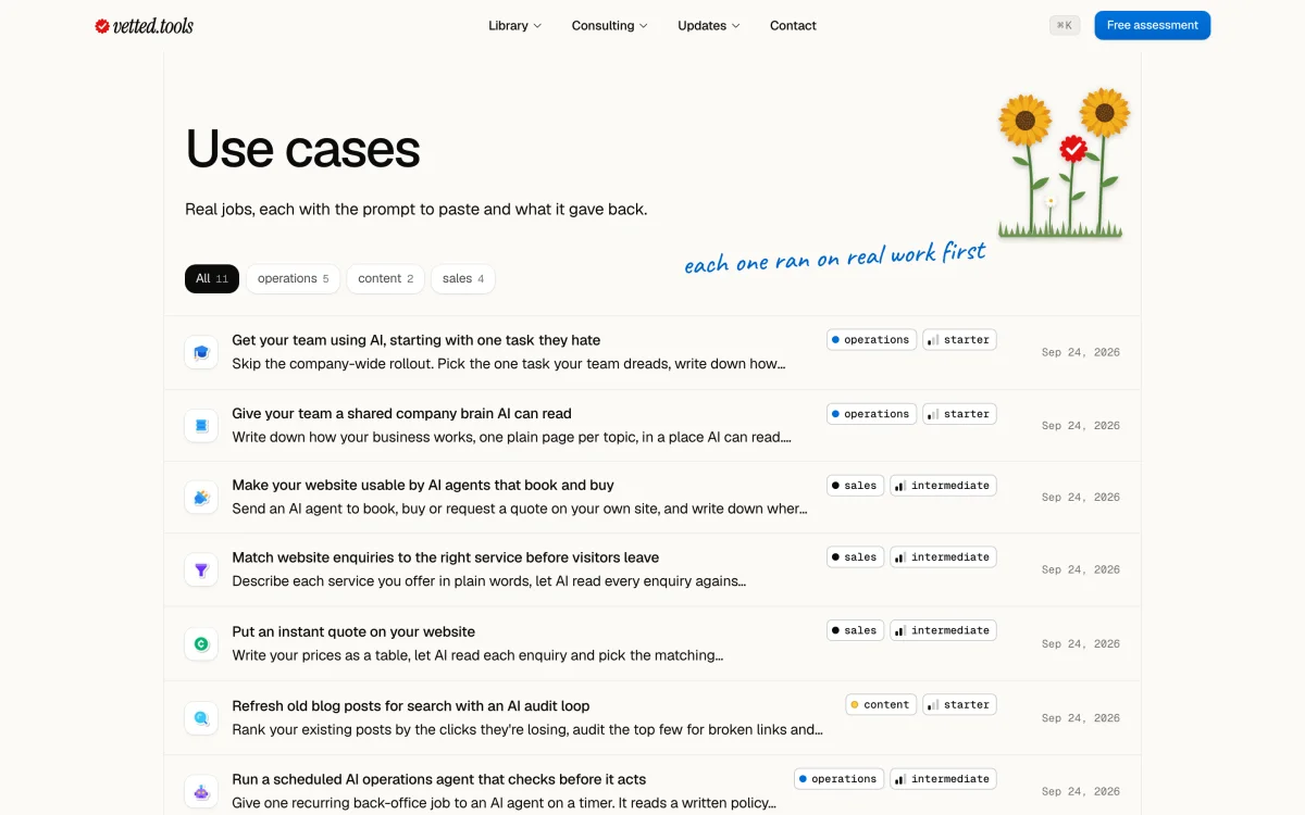 The use cases page: each row ends in two white labels, a category with a blue, black or sunflower dot and a level with one to three bars.