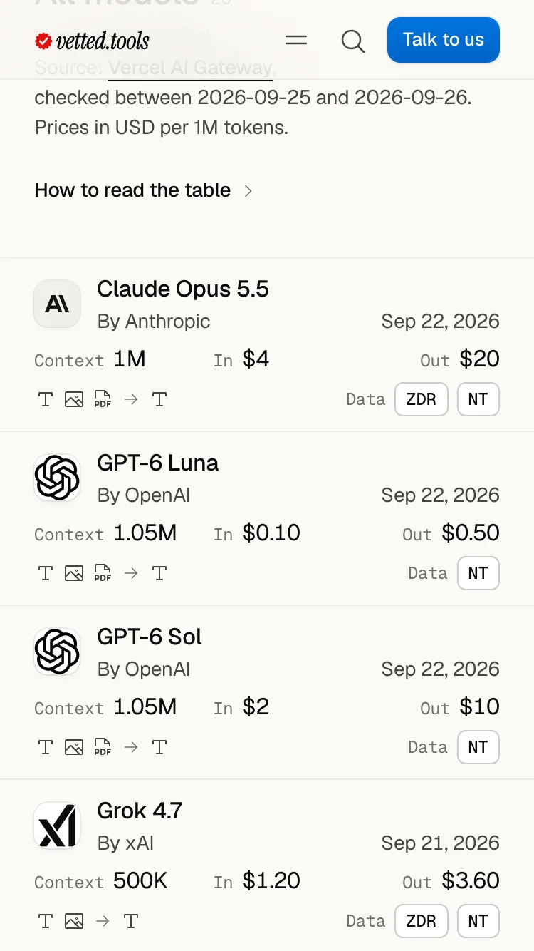 The models list on a 375px phone: each model is three lines, under one line that opens the key to the table.