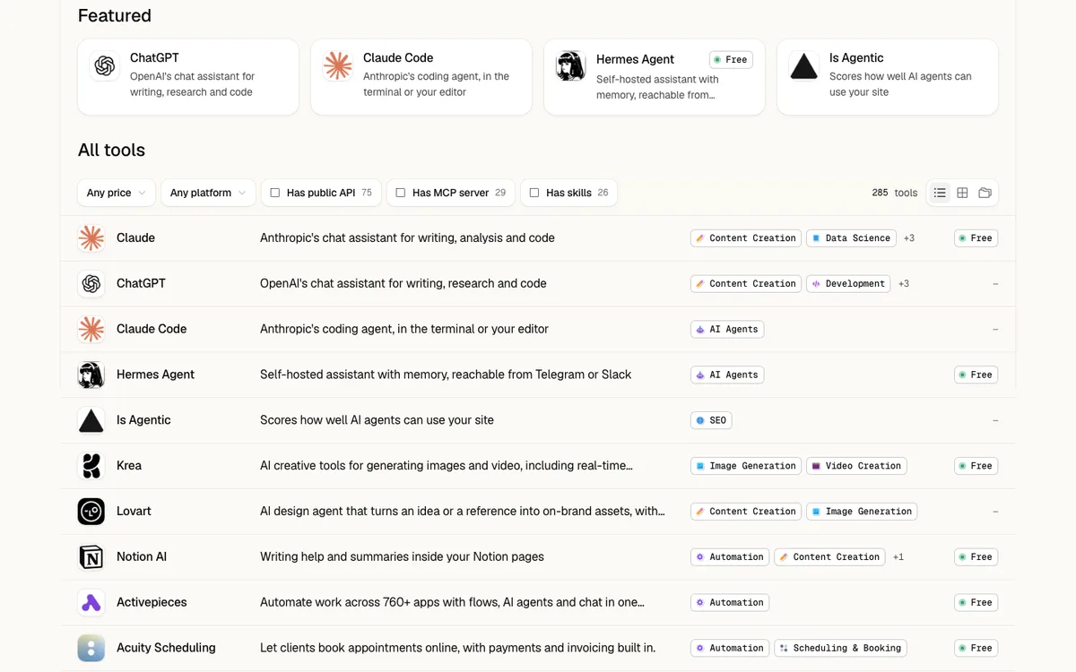 The tools page: each row ends in white labels for its categories, each with its mark, and a Free label with a green dot.