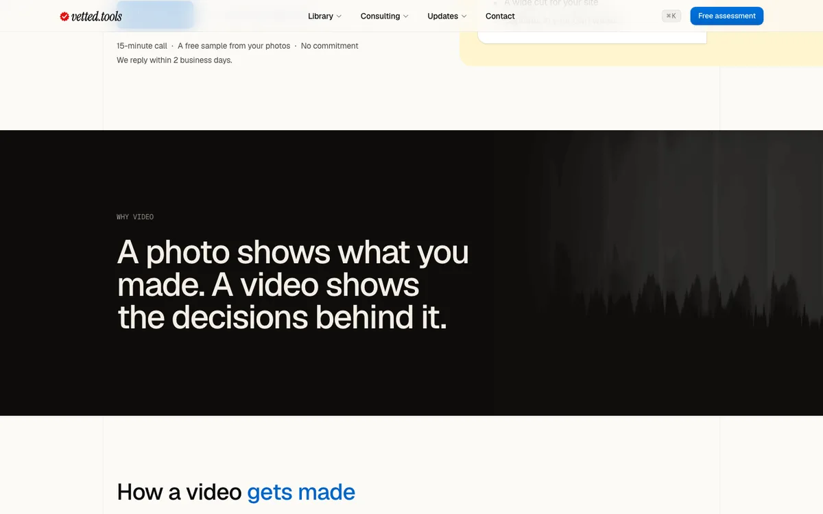 The dark band on the project videos page: the sentence on plain black at the left, and a mountain ridge seen through ribbed glass fading in on the right.