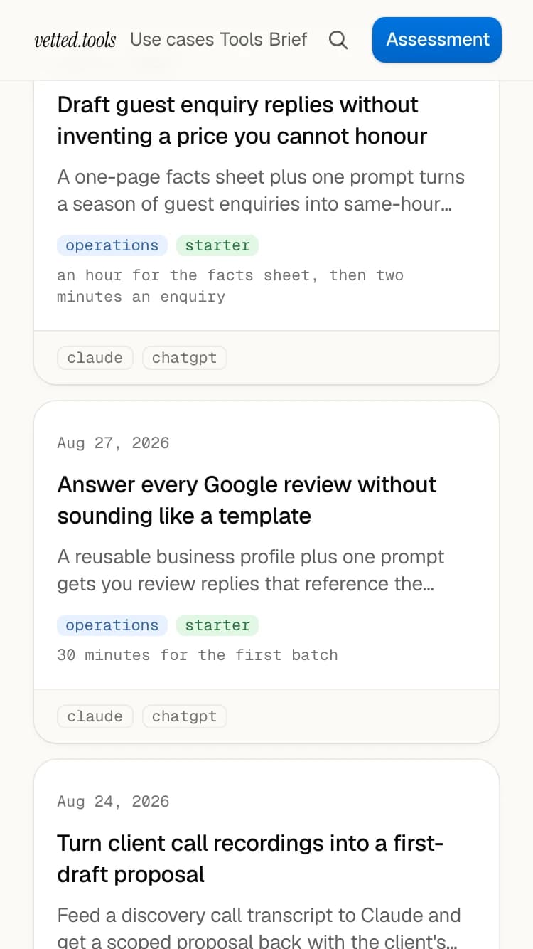 The use-case library on a 375px screen, one card per entry instead of a table row.