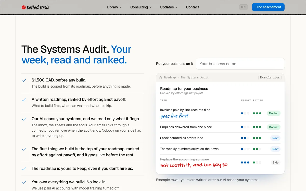 The consulting page's audit band: The Systems Audit. Your week, read and ranked. The first line is the audit's price in Canadian dollars, before any build, over a list of what the audit hands back, beside an example roadmap ranked by effort against payoff.