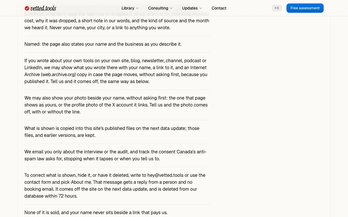 The privacy page, People we interview or audit: the new line saying an owner's photo may be shown beside their name, from the page we cite or their X account, and that it comes off when they ask.