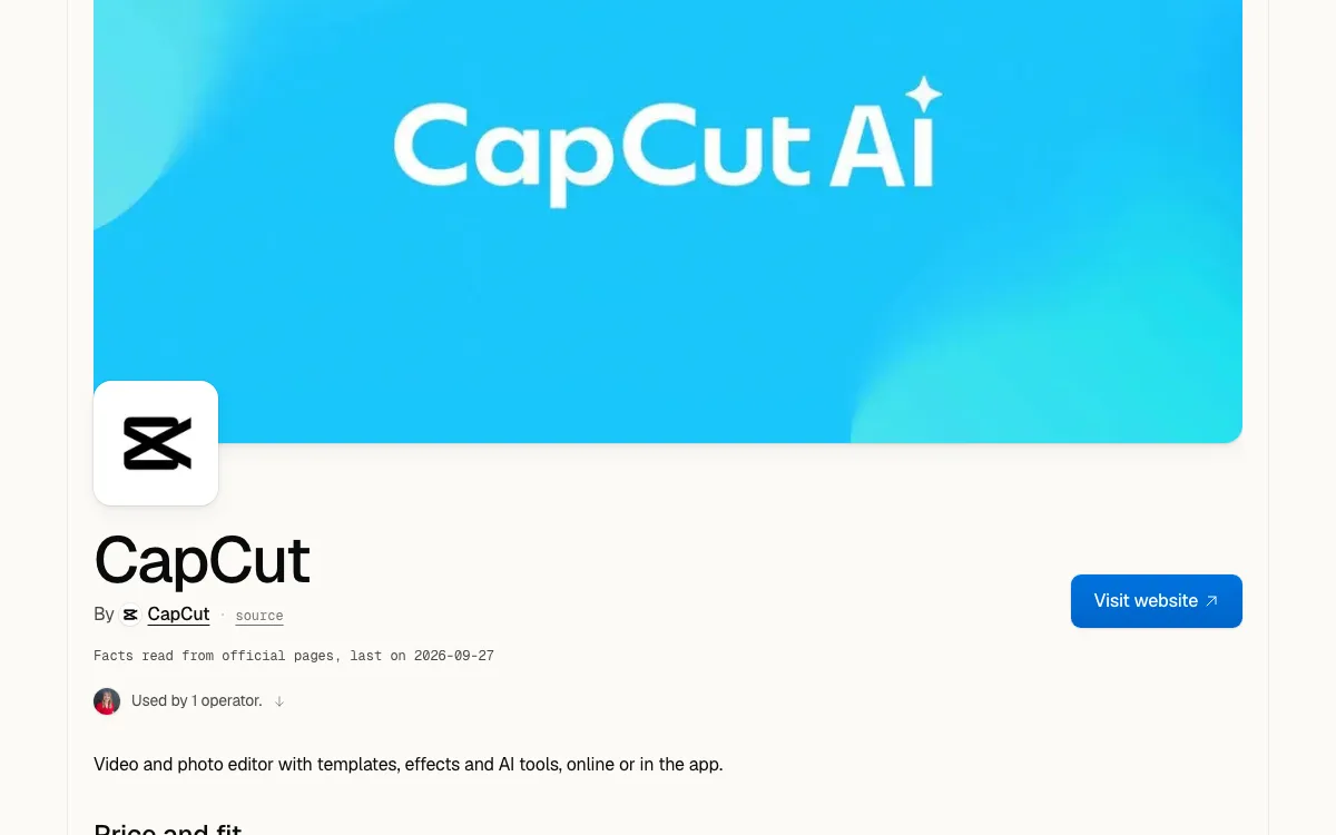 CapCut's page: under its name, an owner's photo and Used by 1 operator, with an arrow down to the full lines.