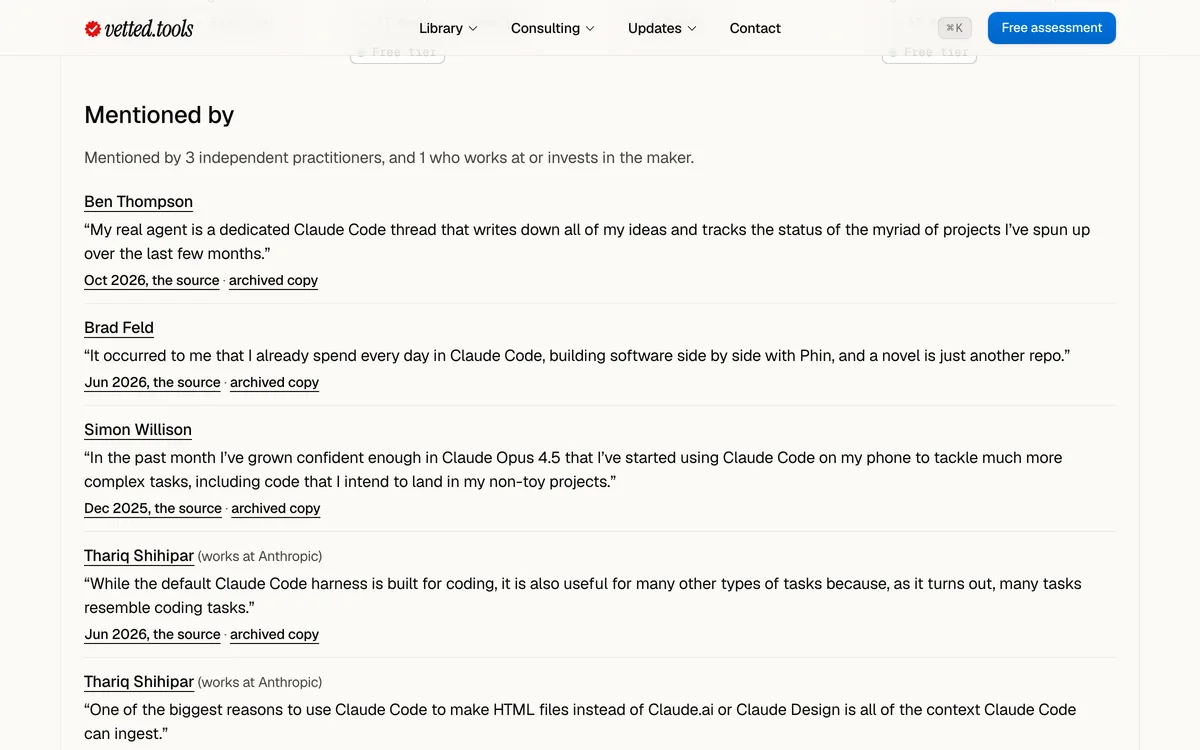 The Claude Code page's Mentioned by section: a count of three independent practitioners and one who works at the maker, then quotes from Ben Thompson, Brad Feld and Simon Willison, and Thariq Shihipar marked as working at Anthropic.