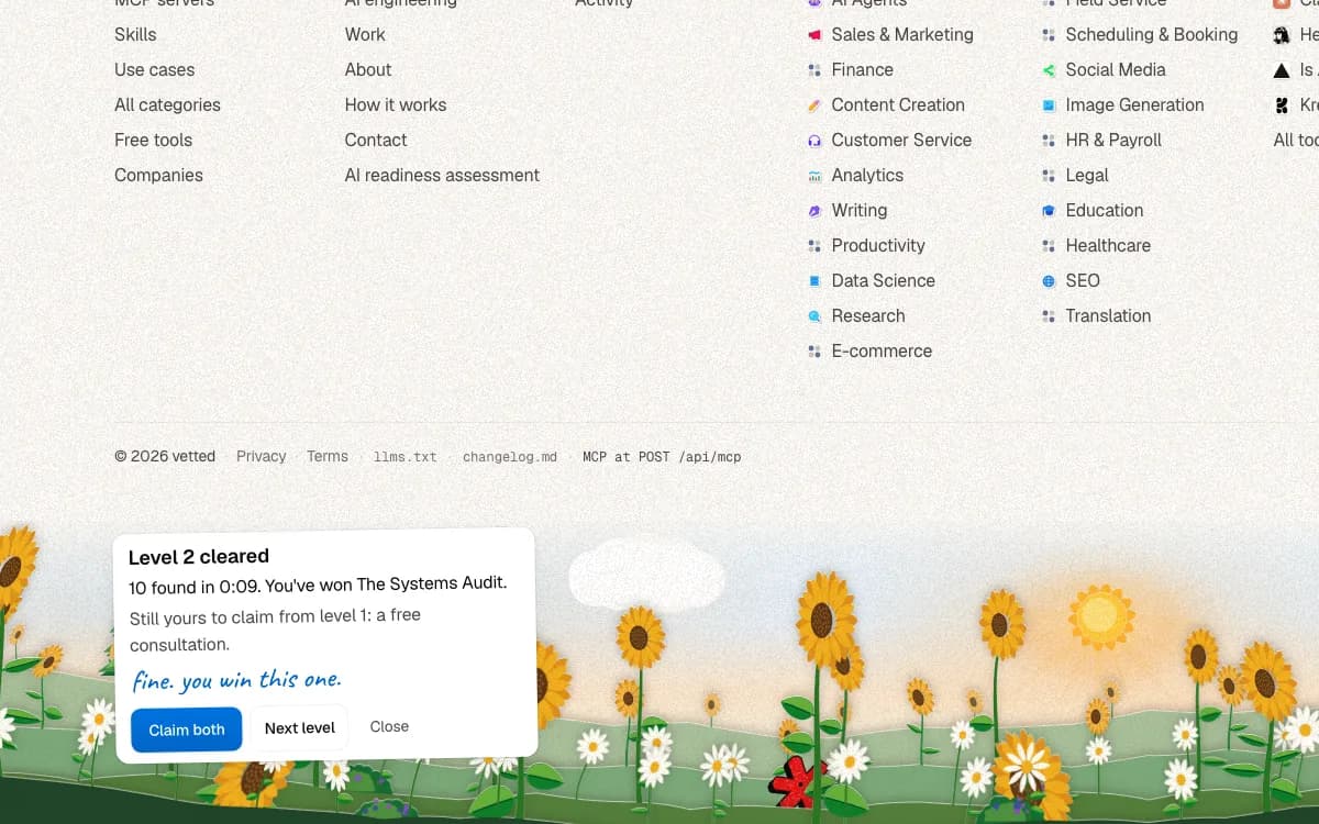 The footer's field of flowers with the level 2 card: 10 found in 0:09, you've won The Systems Audit, level 1's free consultation still to claim, and a Claim both button.