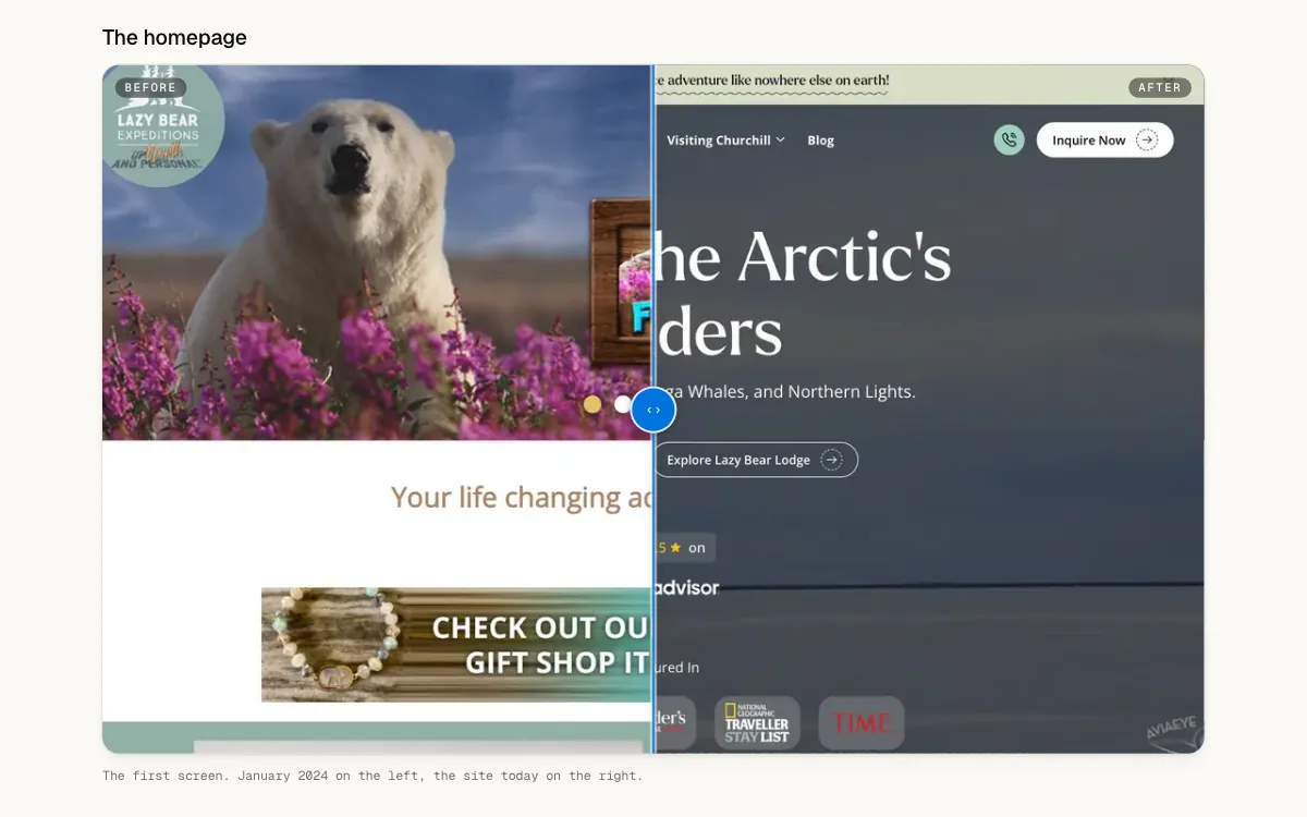 A client case page as it stands today, reworked since this release: the homepage section, with the old site left of the slider and the current one right of it.