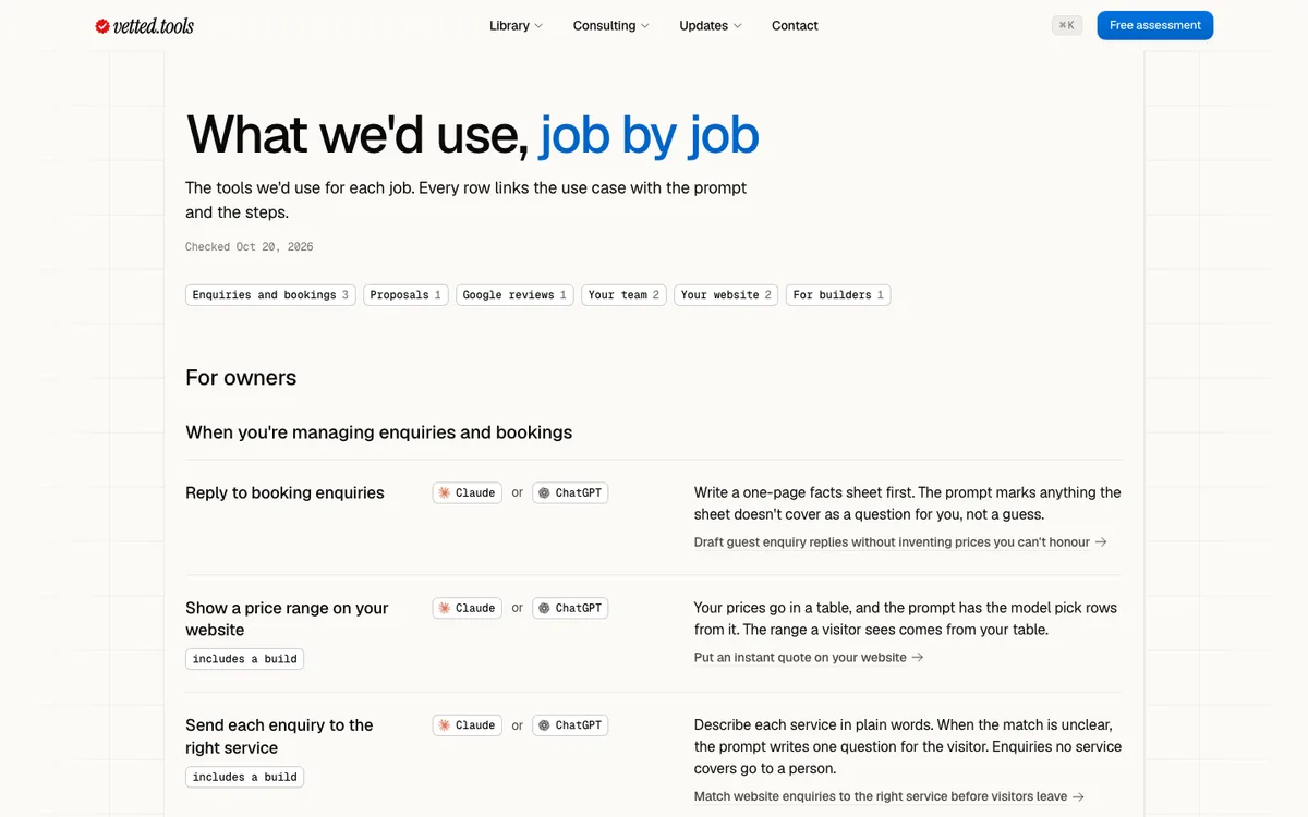 The picks page: a row of situations to jump to, then each job in a row with the tools we'd use, a line on why, and a link to its use case.