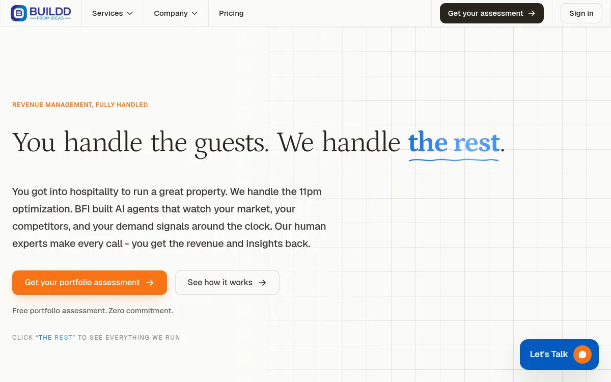 The BuildFromIdeas homepage. Serif type reading 'You handle the guests. We handle the rest.' sits over a pale grid, above a paragraph about AI agents watching a hotel's market and demand signals, and an orange button offering a free portfolio assessment.