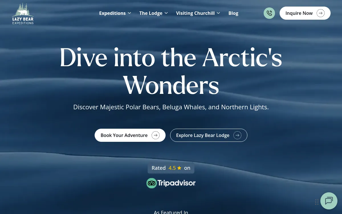 The Lazy Bear Expeditions homepage. Large white type reading 'Dive into the Arctic's Wonders' sits over a dark blue underwater photograph, above buttons to book an adventure or explore the lodge and a 4.5 star Tripadvisor rating.