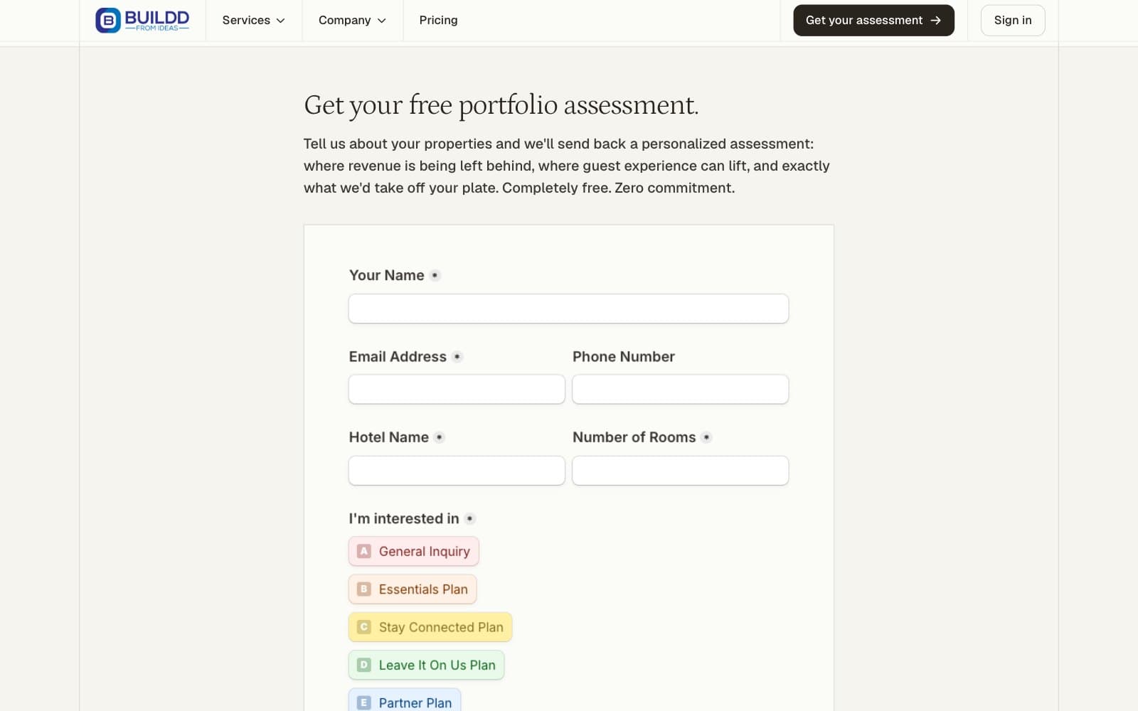 The Buildd From Ideas contact page at its form. Under the navigation bar, the serif heading 'Get your free portfolio assessment.' sits over a paragraph offering to send back a personalized assessment, then a panel with fields for Your Name, Email Address, Phone Number, Hotel Name and Number of Rooms, and an 'I'm interested in' list of keyed options reading General Inquiry, Essentials Plan, Stay Connected Plan, Leave It On Us Plan and Partner Plan.