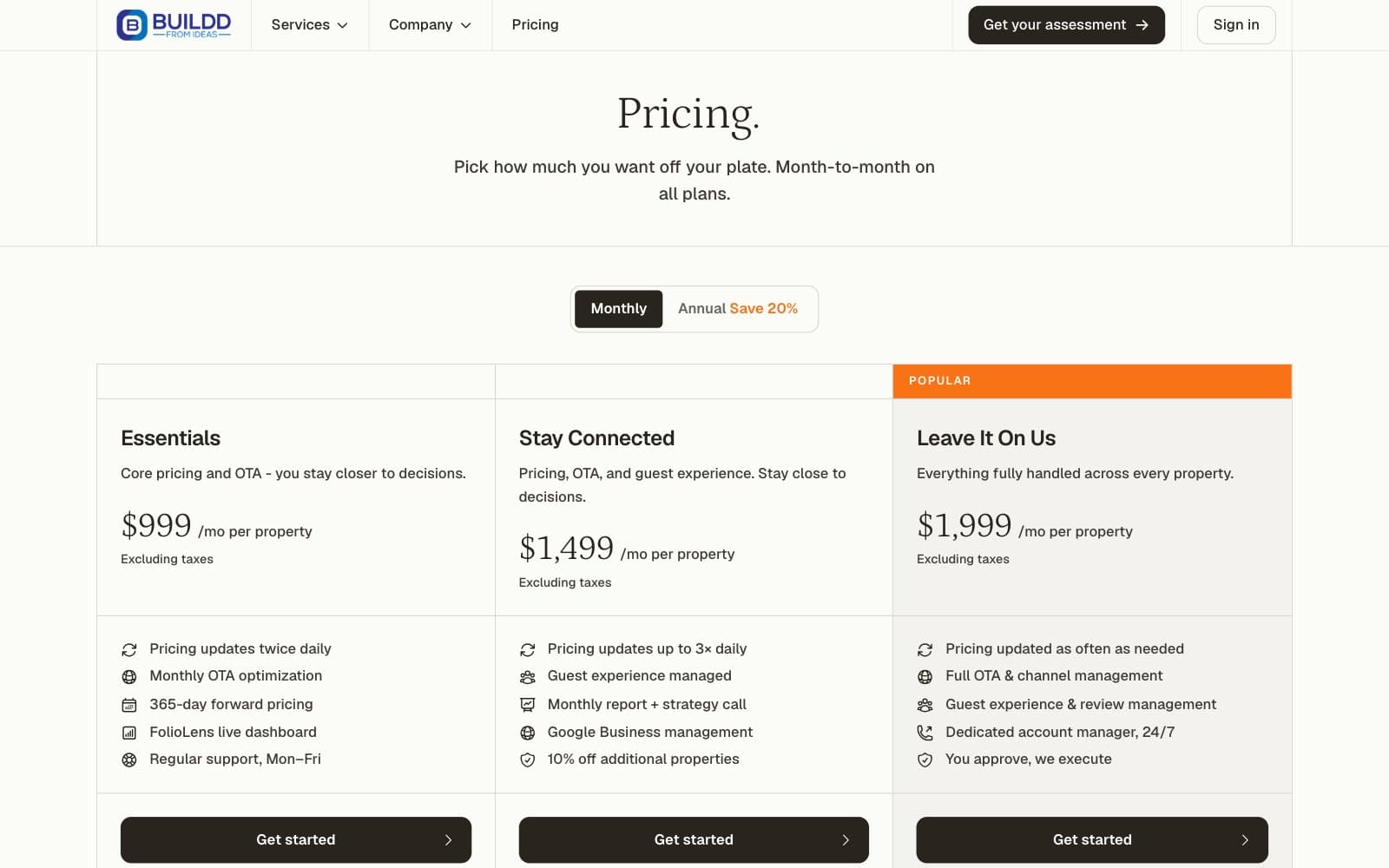The Buildd From Ideas pricing page. Under the white navigation bar, the serif heading 'Pricing.' sits over the line 'Pick how much you want off your plate. Month-to-month on all plans.' above a Monthly and Annual toggle and three plan columns: Essentials at $999 a month per property, Stay Connected at $1,499, and Leave It On Us at $1,999 under an orange POPULAR ribbon. Each column lists five features and carries a black 'Get started' button.