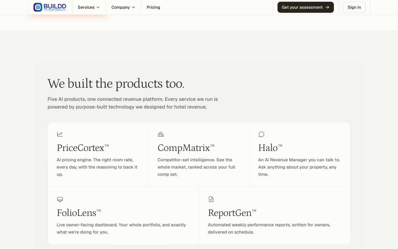 The Buildd From Ideas services page at its product list. Under the white navigation bar, the serif heading 'We built the products too.' sits over the line 'Five AI products, one connected revenue platform. Every service we run is powered by purpose-built technology we designed for hotel revenue.' and five cards, each with a small icon: PriceCortex, an AI pricing engine; CompMatrix, competitor-set intelligence; Halo, an AI Revenue Manager you can talk to; FolioLens, a live owner-facing dashboard; and ReportGen, automated weekly performance reports.