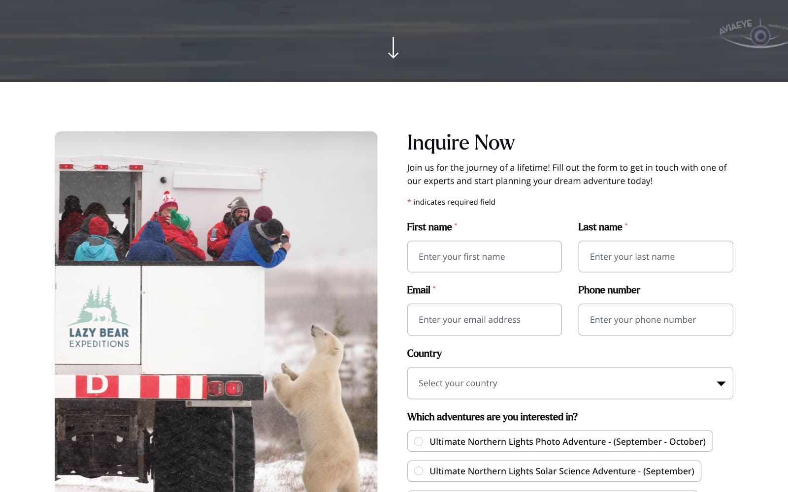 The Lazy Bear Expeditions inquire page at its form. A photograph of passengers in parkas riding a white tundra vehicle, with a polar bear standing up beside it, sits at the left of the heading 'Inquire Now', the line 'Join us for the journey of a lifetime! Fill out the form to get in touch with one of our experts and start planning your dream adventure today!', and fields for First name, Last name, Email and Phone number over a Country dropdown, then 'Which adventures are you interested in?' with options beginning Ultimate Northern Lights Photo Adventure and Ultimate Northern Lights Solar Science Adventure.