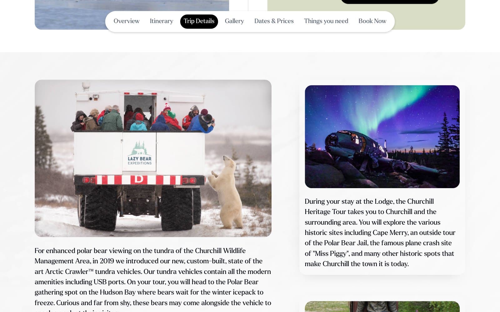 The Ultimate Polar Bear Adventure page at its trip details. A white pill of page tabs reading Overview, Itinerary, Trip Details, Gallery, Dates & Prices, Things you need and Book Now sits across the top with Trip Details in black. Below, a photograph shows a polar bear standing up at the back of a white Lazy Bear Expeditions tundra vehicle carrying passengers in parkas, over a paragraph about the custom-built Arctic Crawler vehicles and the Polar Bear gathering spot on the Hudson Bay. At the right, a photograph of a wrecked aircraft under a green and violet aurora sits above a paragraph about the Churchill Heritage Tour, Cape Merry and the plane crash site.