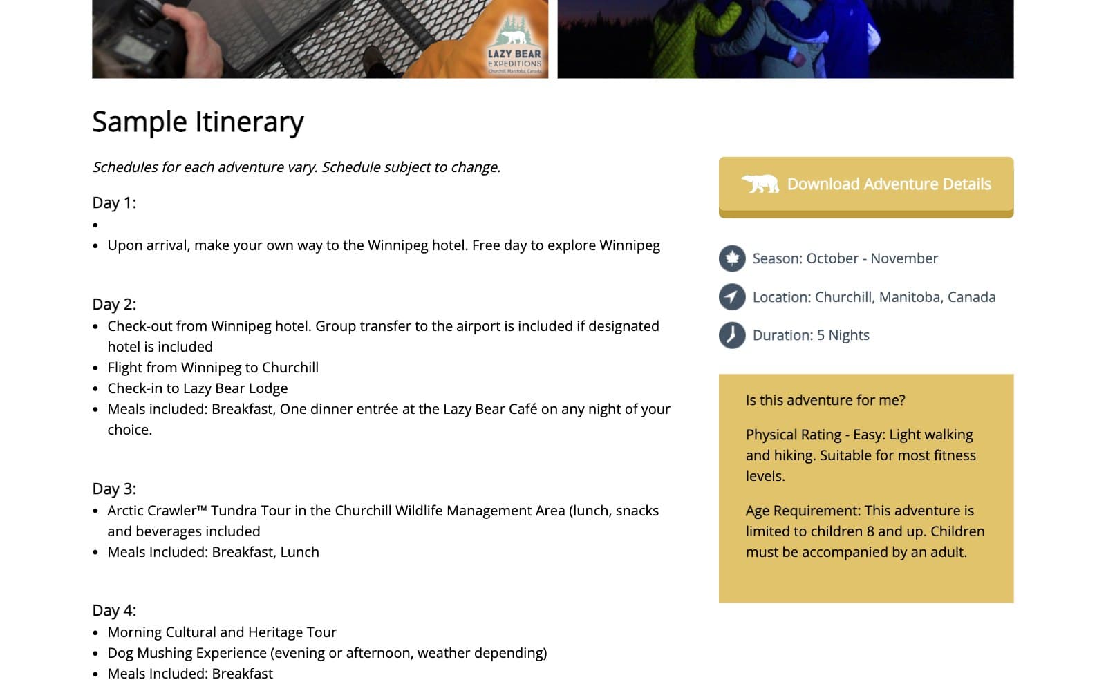 The Sample Itinerary page for the Ultimate Polar Bear Adventure in February 2023. Under the feet of two banner photographs, one of a camera on a mesh vehicle deck beside an orange Lazy Bear Expeditions logo and one of people in parkas under a night sky, the heading 'Sample Itinerary' sits over the italic line 'Schedules for each adventure vary. Schedule subject to change.' and a run of days: Day 1, 'Upon arrival, make your own way to the Winnipeg hotel. Free day to explore Winnipeg', then Day 2 with check-out, a group transfer, a flight from Winnipeg to Churchill and check-in to Lazy Bear Lodge. At the right sit a gold 'Download Adventure Details' button, lines reading Season: October - November, Location: Churchill, Manitoba, Canada and Duration: 5 Nights, and a gold panel headed 'Is this adventure for me?' giving a physical rating of Easy.