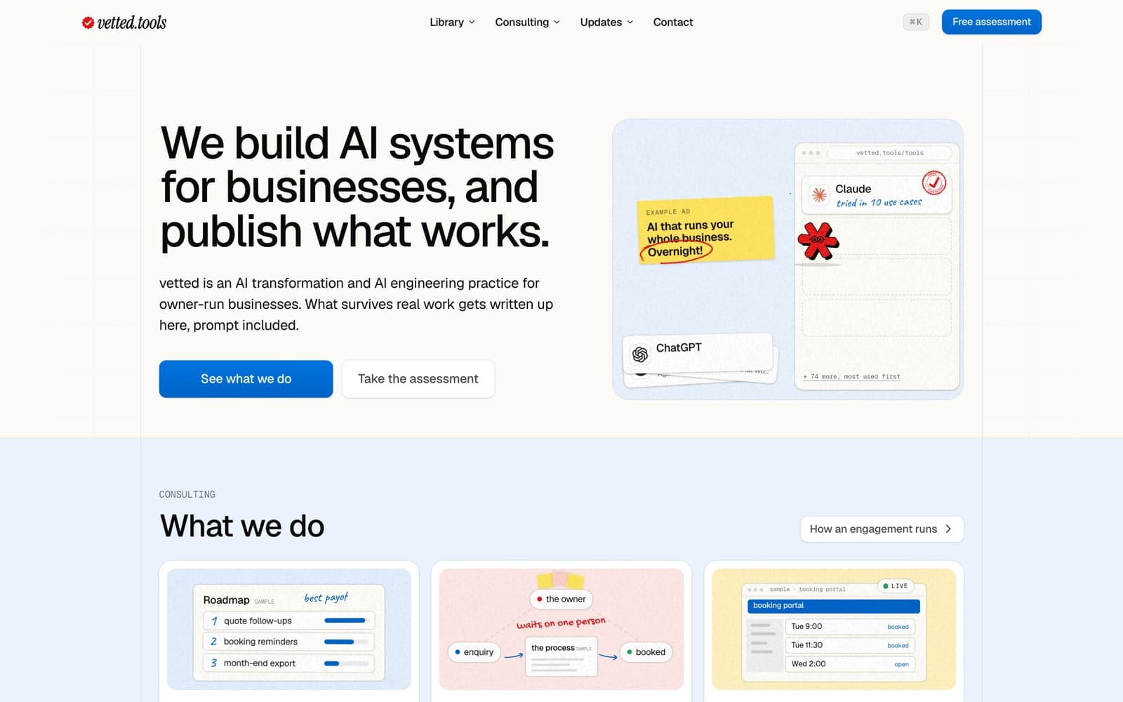 The vetted.tools homepage. The coral stamp and the vetted.tools wordmark sit at the left of a bar carrying Library, Consulting, Updates and Contact, a command K key and a blue 'Free assessment' button. The headline reads 'We build AI systems for businesses, and publish what works.' over a line naming vetted as an AI transformation and AI engineering practice for owner-run businesses, a blue 'See what we do' button and a 'Take the assessment' button. At the right, on a pale blue panel, a yellow note labelled 'Example ad' reads 'AI that runs your whole business. Overnight!' with the last word circled in red, beside a browser card at vetted.tools/tools where Claude is ticked and noted 'tried in 10 use cases', with Vetty, a red asterisk with eyes, standing below it. The 'What we do' band starts underneath with three sample cards: a roadmap, a process and a booking portal.