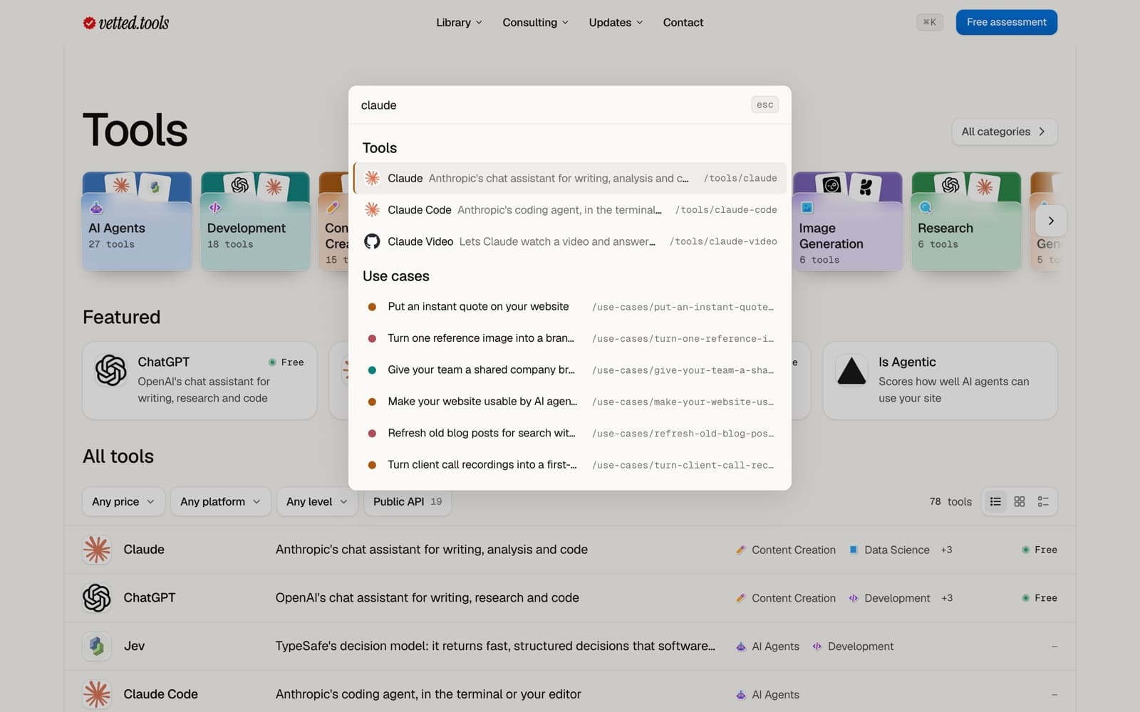 The vetted.tools search palette open over the tool directory. The query 'claude' lists three tools, Claude, Claude Code and Claude Video, each with its path, then six use cases, from 'Put an instant quote on your website' down to one about turning client call recordings into proposals.
